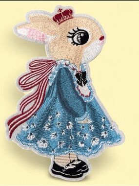 Large 8” Embroidered Iron On Bunny Princess Patch in Blue Dress